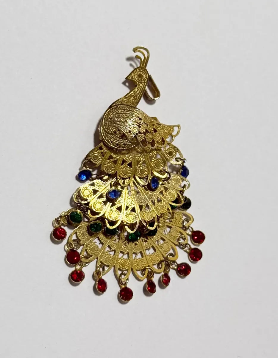 Broche Antigo Pavão Dourado Filigrana Pedras Coloridas