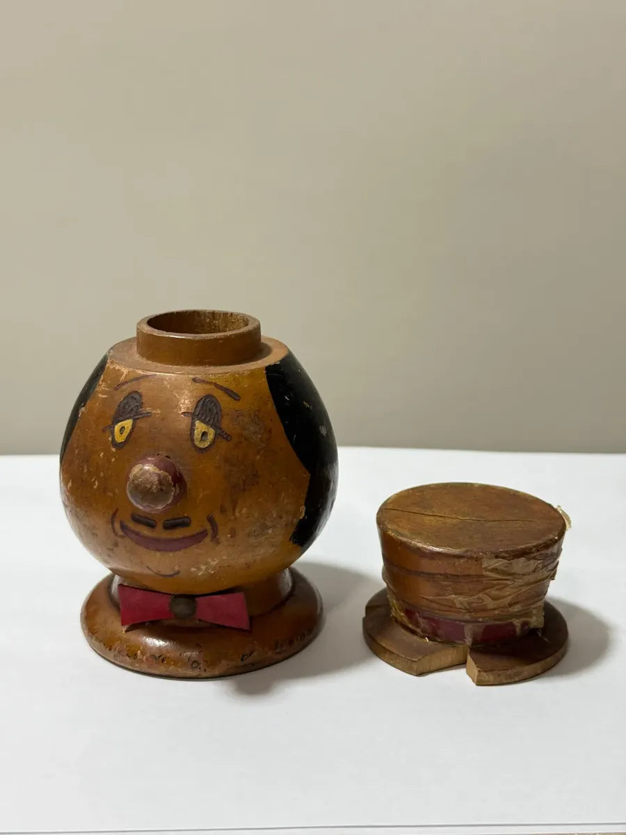 Pote Antigo De Madeira Palhaço Pintado À Mão Com Cartola