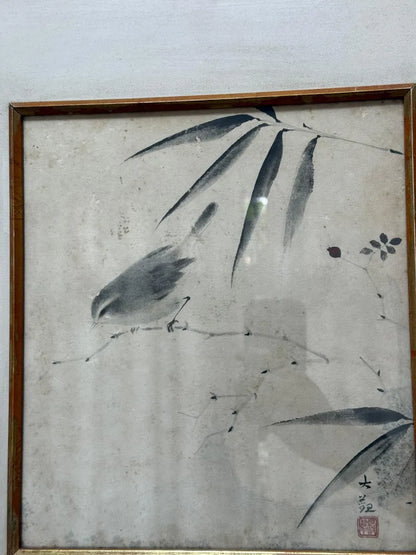 Quadro Antigo Pintura Oriental Em Nanquim - Pássaro E Bambu