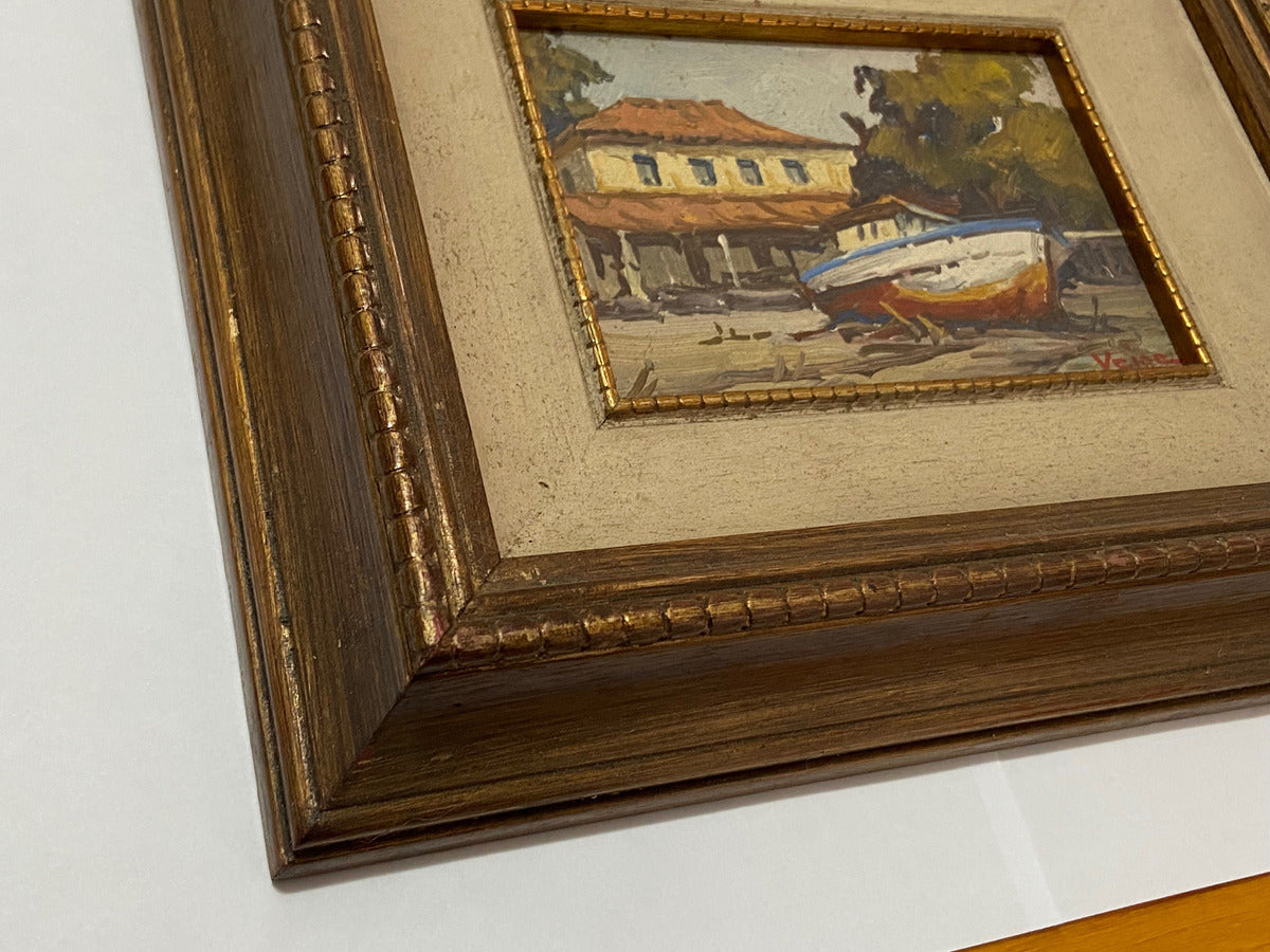 Quadro Antigo Pintura Walter Veiga - Barco E Casario - Ose