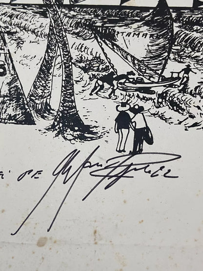 Gravura Antiga Paisagem Com Forte E Coqueiros Assinada