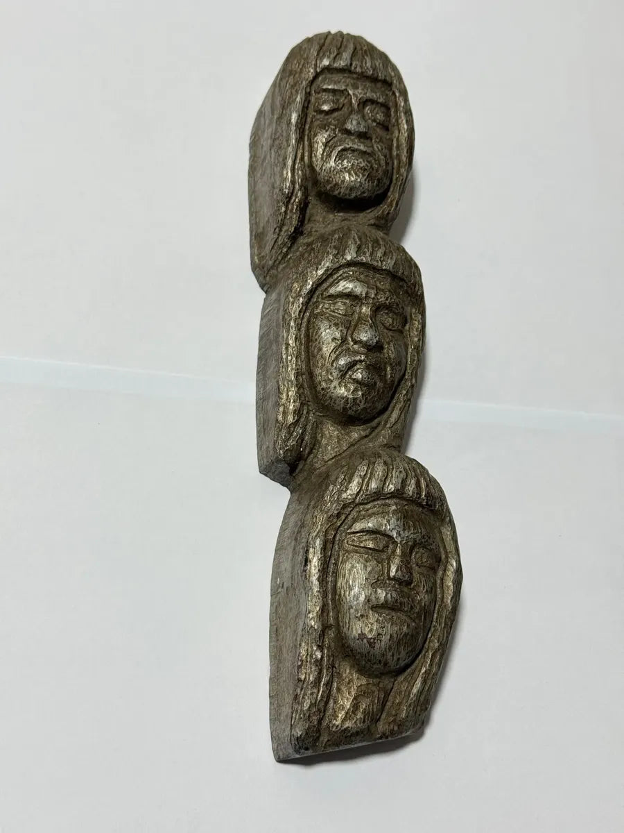 Escultura Antiga Madeira Entalhada 3 Rostos Totem Ancestral