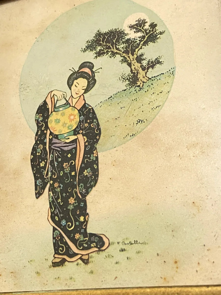 Quadros Japoneses Antigos Gueixas - Par Colorido Verde