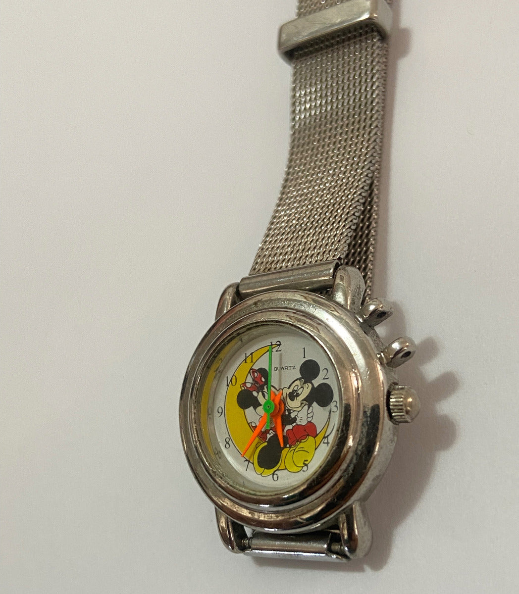 Relógio Antigo Mickey Minnie Quartz Prata Water Resist Prateado
