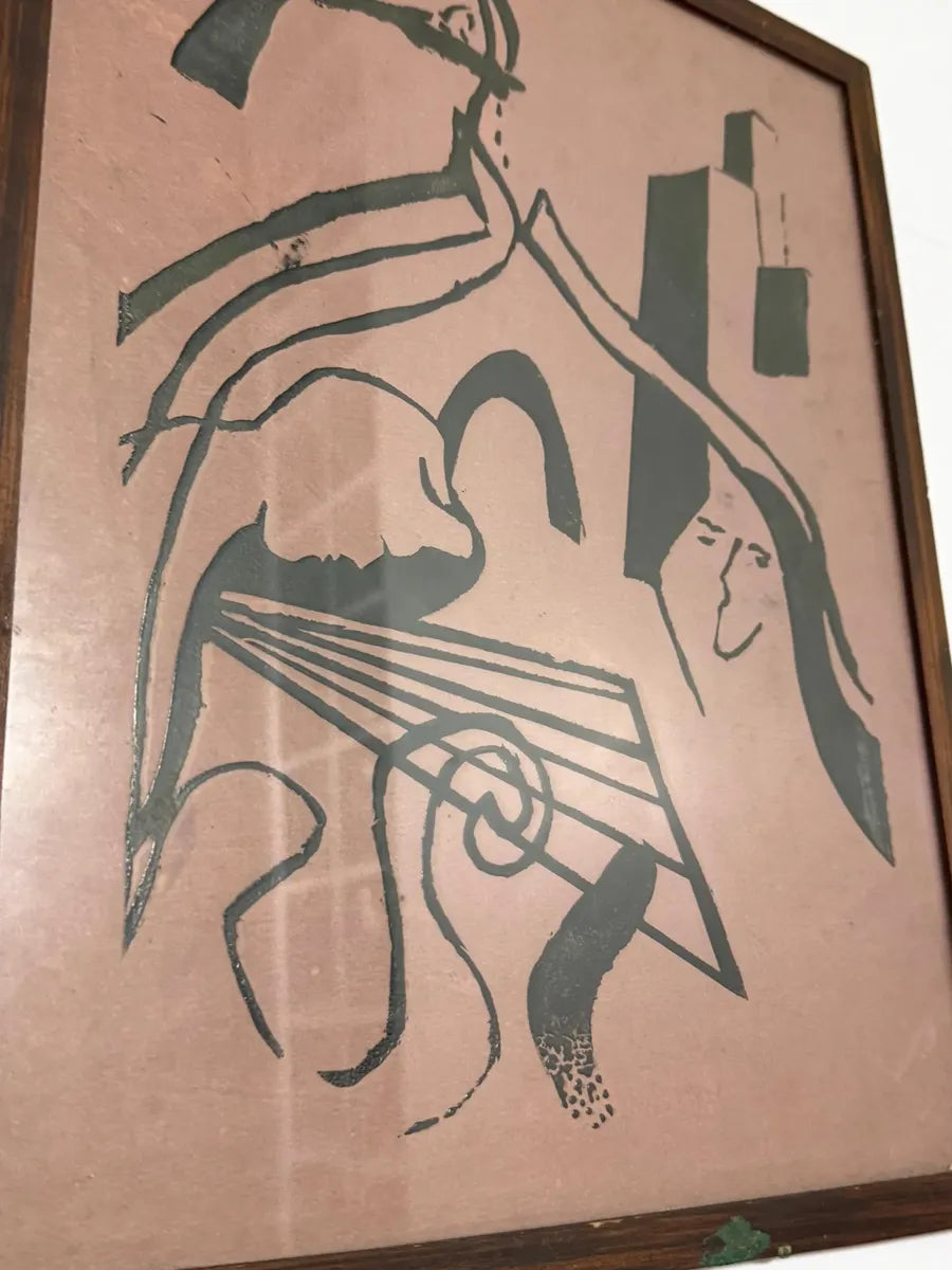 Quadro Antigo Arte Abstrata Com Figuras Estilizadas Déc 1960