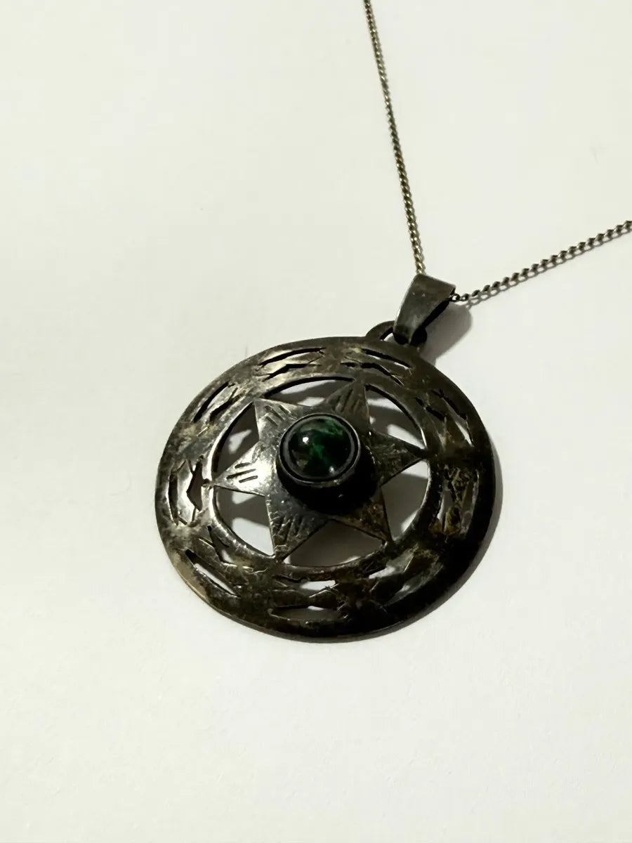 Colar Antigo Prata 925 Israel Estrela De Davi C/ Pedra Verde