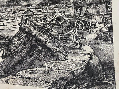 Gravura Antiga Barcos Porto Aos Pés Da Montanha Assinada