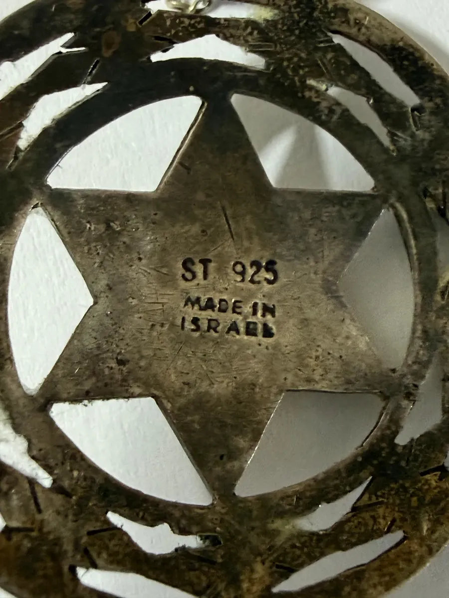Colar Antigo Prata 925 Israel Estrela De Davi C/ Pedra Verde