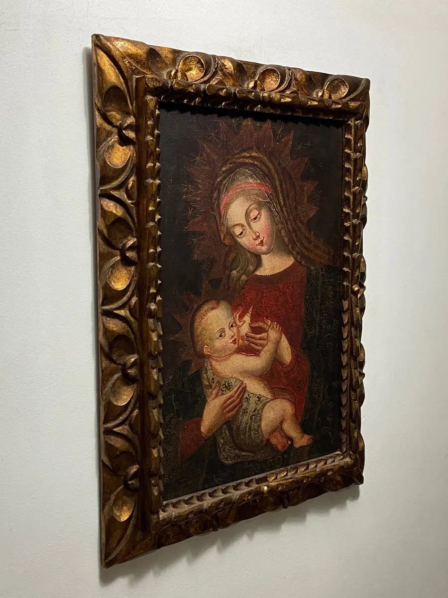 Quadro Pintura Cusquenha Antiga Virgem E Menino Jesus