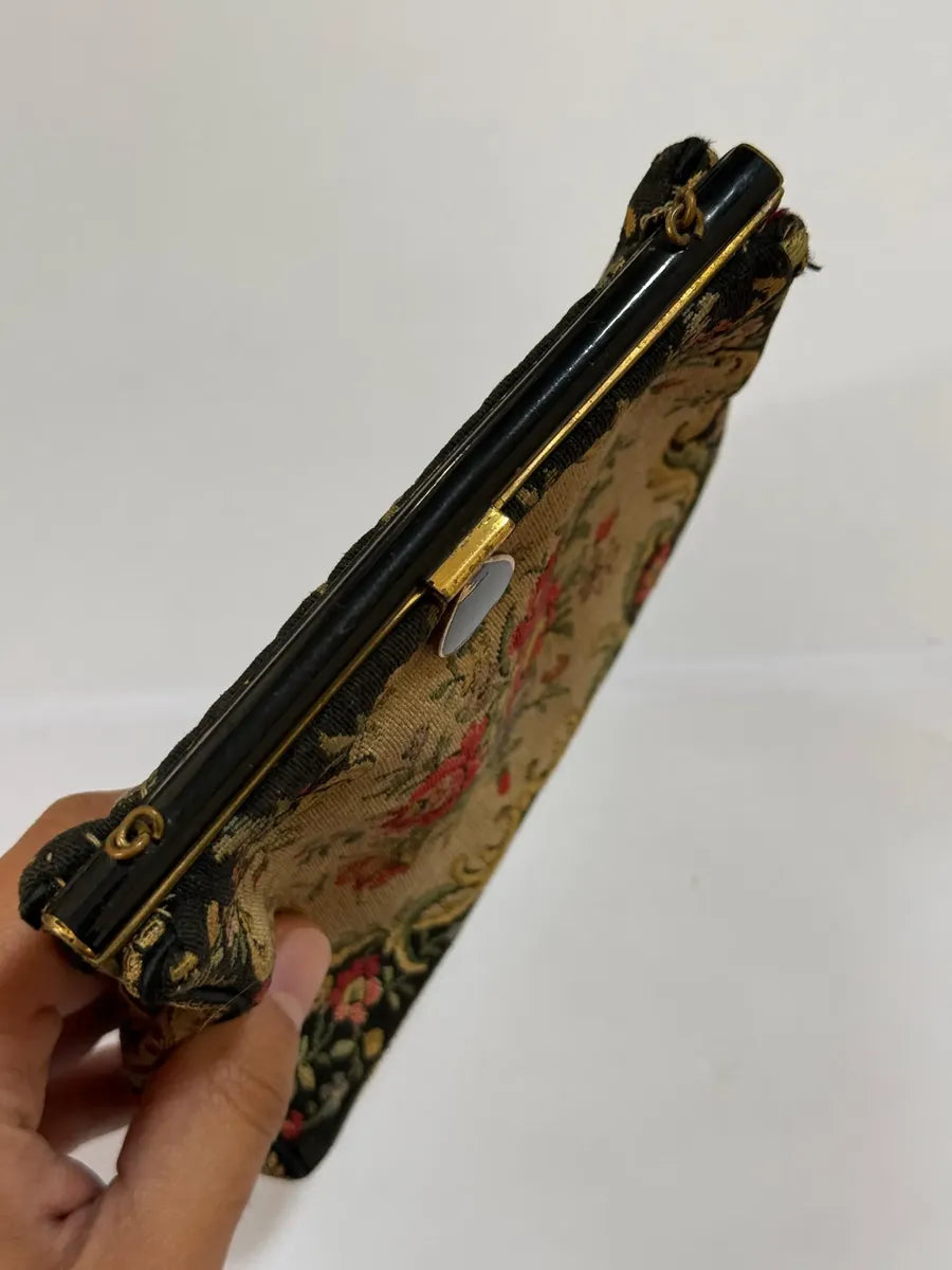 Bolsa De Festa Tapeçaria Floral Francesa 15x16cm Antiga