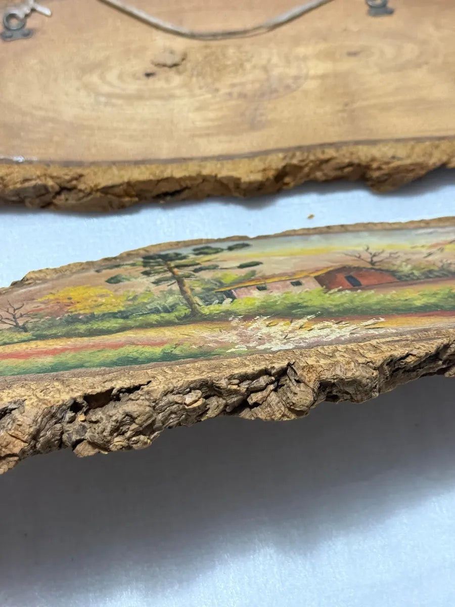 Pinturas Antigas Em Casca De Árvore Cenas Rurais Rústicas