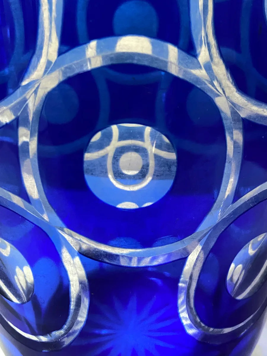 Vaso De Cristal Azul Cobalto Lapidado Boêmia