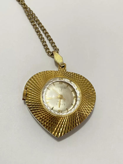 Relógio Antigo Raro Colar Coração Suiço Lucky De Luxe Dourado