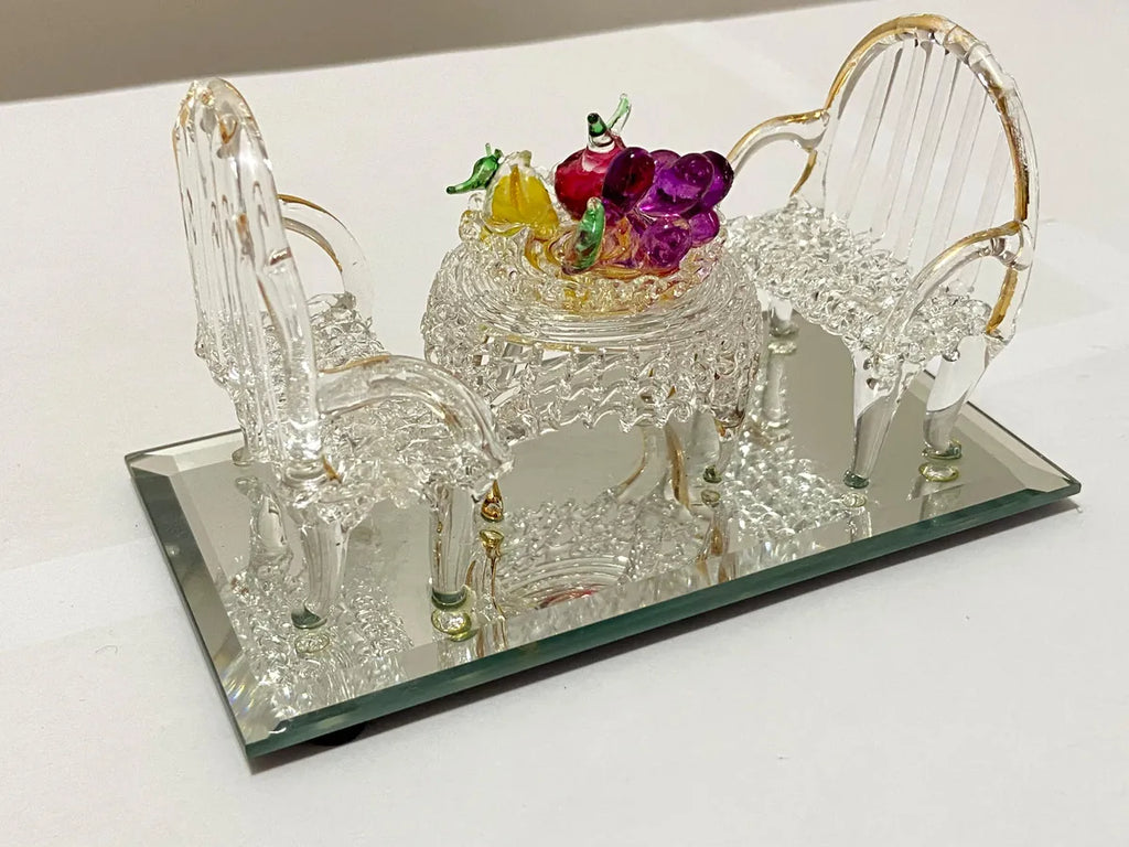 Miniatura Arte Em Vidro Conjunto Mesa, Cadeiras E Frutas