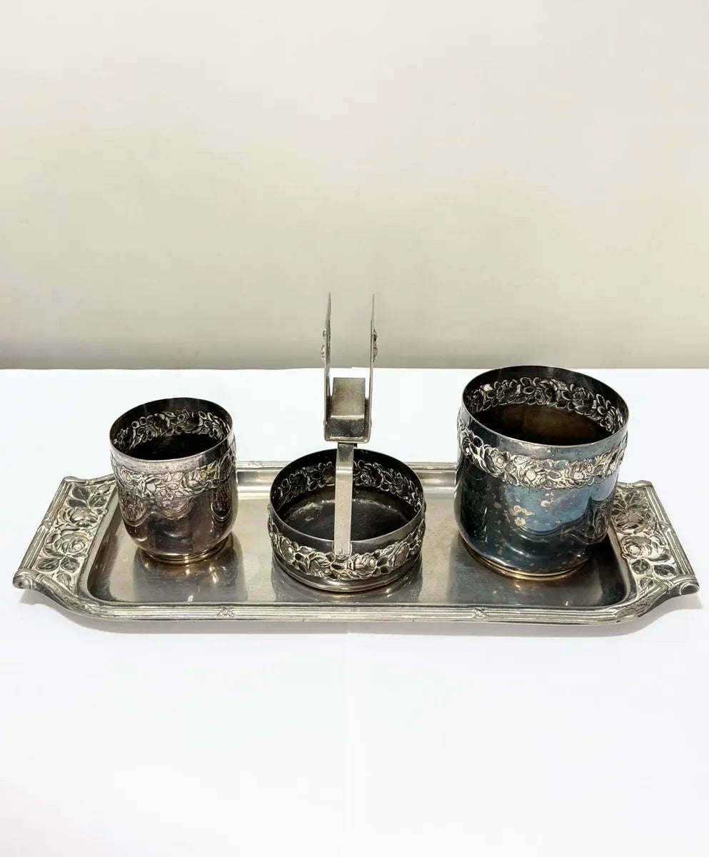 Conjunto Antigo Prata Wolff Bandeja + 3 Peças Floral