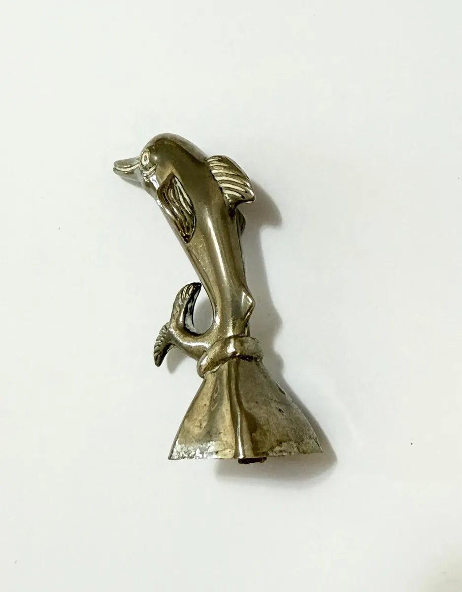 Estatueta Miniatura Golfinho Metal Prata Ponteira Antiga