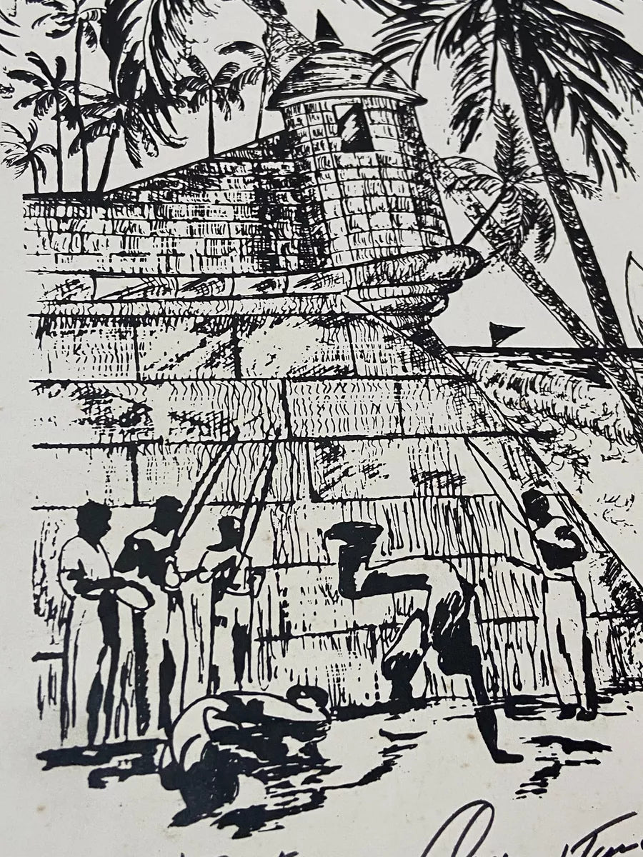 Gravura Antiga Paisagem Com Forte E Coqueiros Assinada