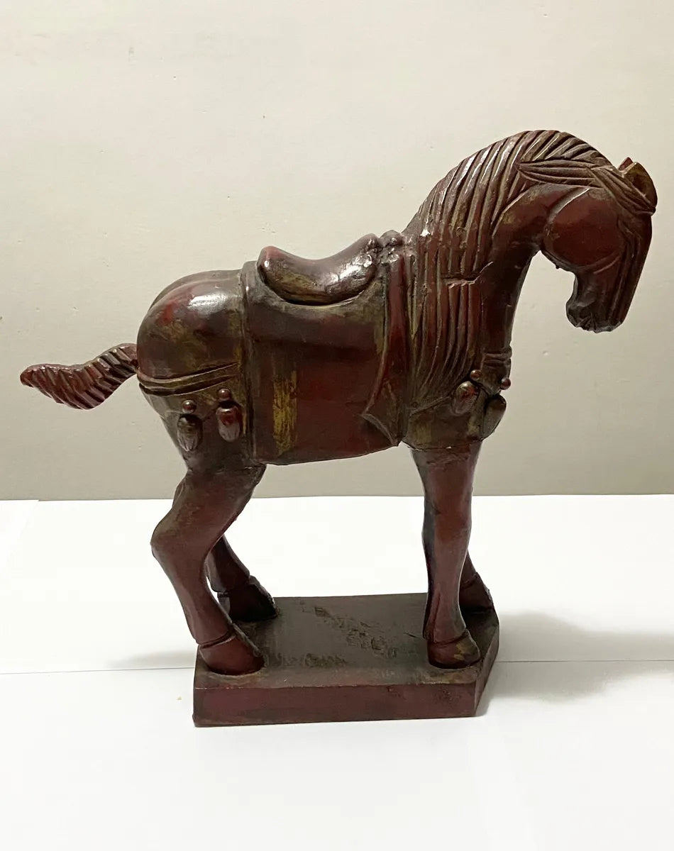 Escultura Cavalo Em Madeira Laqueada Antiga Feito À Mão