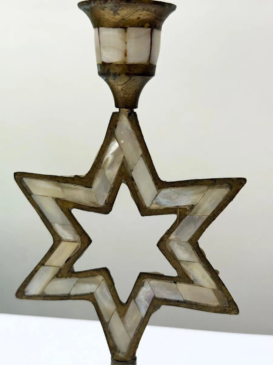 Castiçal Antigo Estrela De Davi Em Metal Com Madrepérola