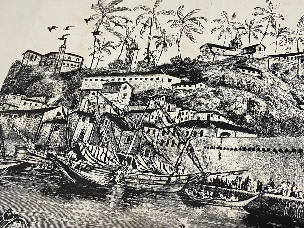 Gravura Antiga Porto Colonial Com Embarcações Assinada