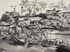 Gravura Antiga Porto Colonial Com Embarcações Assinada
