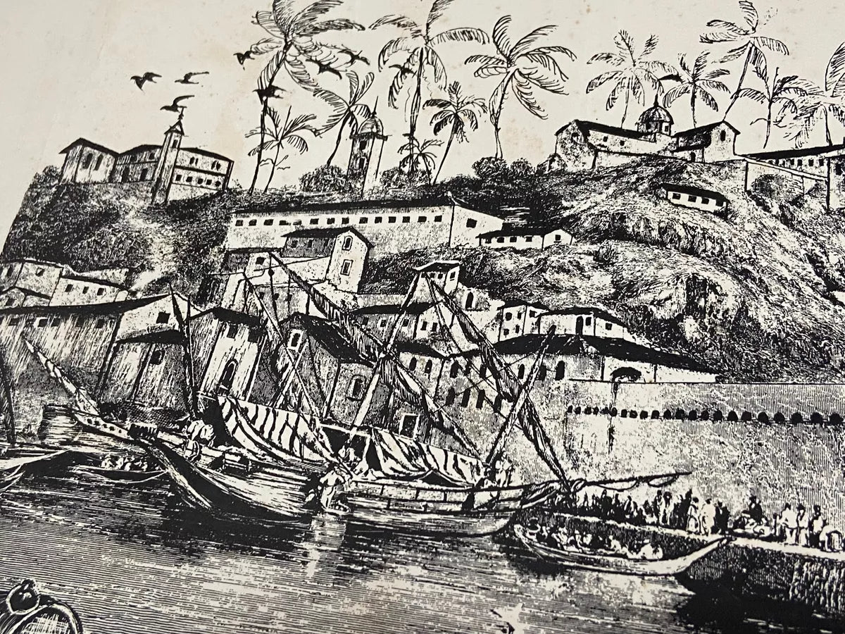 Gravura Antiga Porto Colonial Com Embarcações Assinada