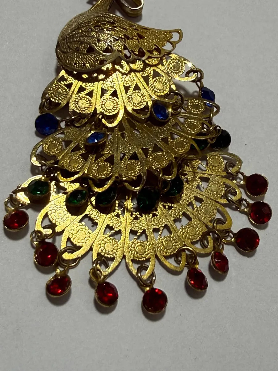 Broche Antigo Pavão Dourado Filigrana Pedras Coloridas