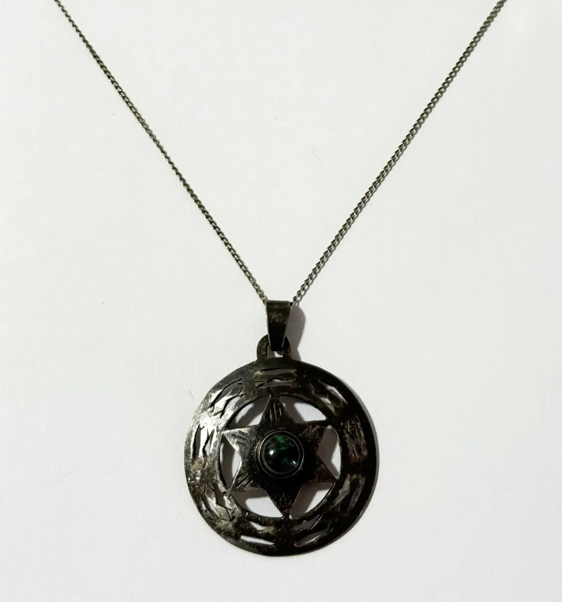 Colar Antigo Prata 925 Israel Estrela De Davi C/ Pedra Verde