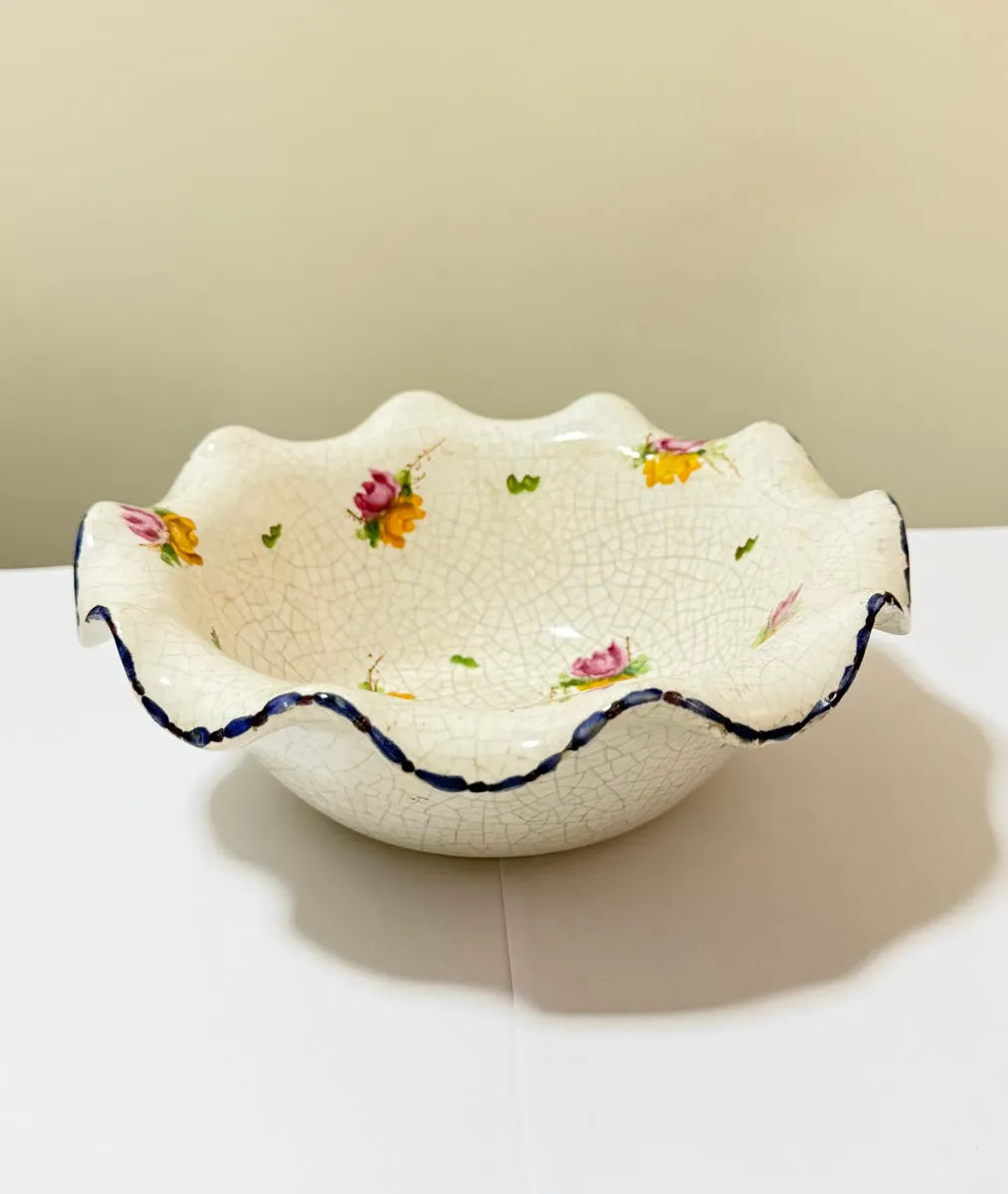 Tigela Antiga Cerâmica Craquelê Flores Pintadas À Mão