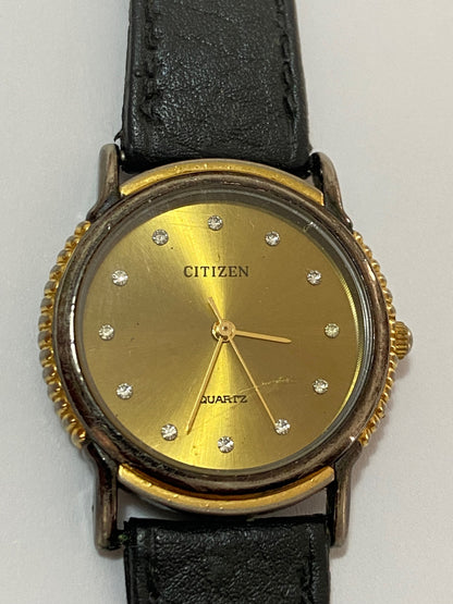 Relógio Antigo Citizen Quartz Dourado Pedras Pulseira Couro Preto
