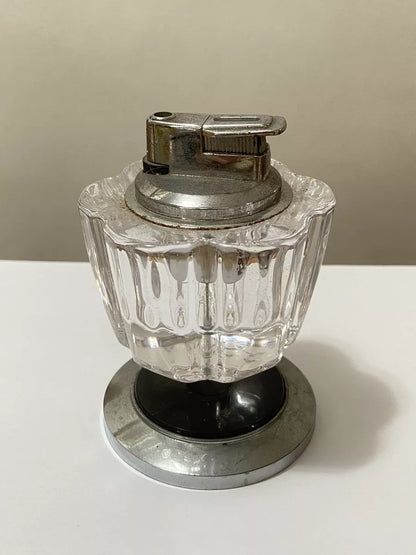 Isqueiro De Mesa Antigo Em Vidro E Metal