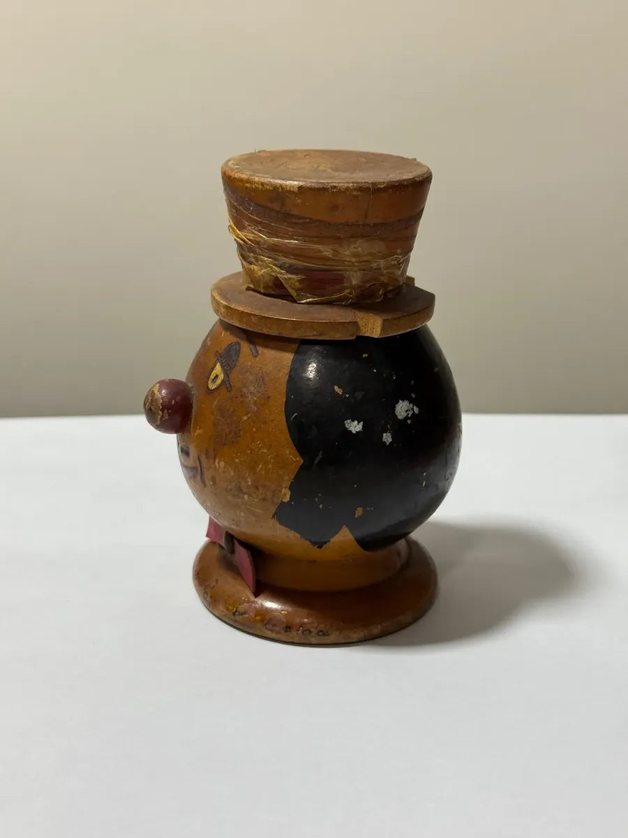 Pote Antigo De Madeira Palhaço Pintado À Mão Com Cartola