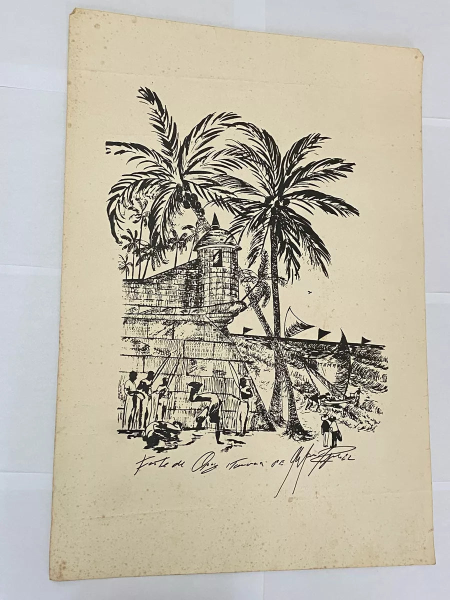 Gravura Antiga Paisagem Com Forte E Coqueiros Assinada