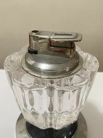 Isqueiro De Mesa Antigo Em Vidro E Metal