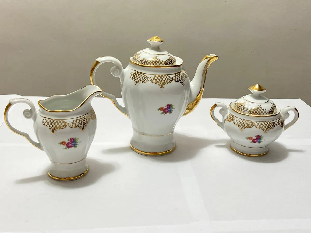 Antigo Jogo Porcelana Real Com Dourado - 3 Peças
