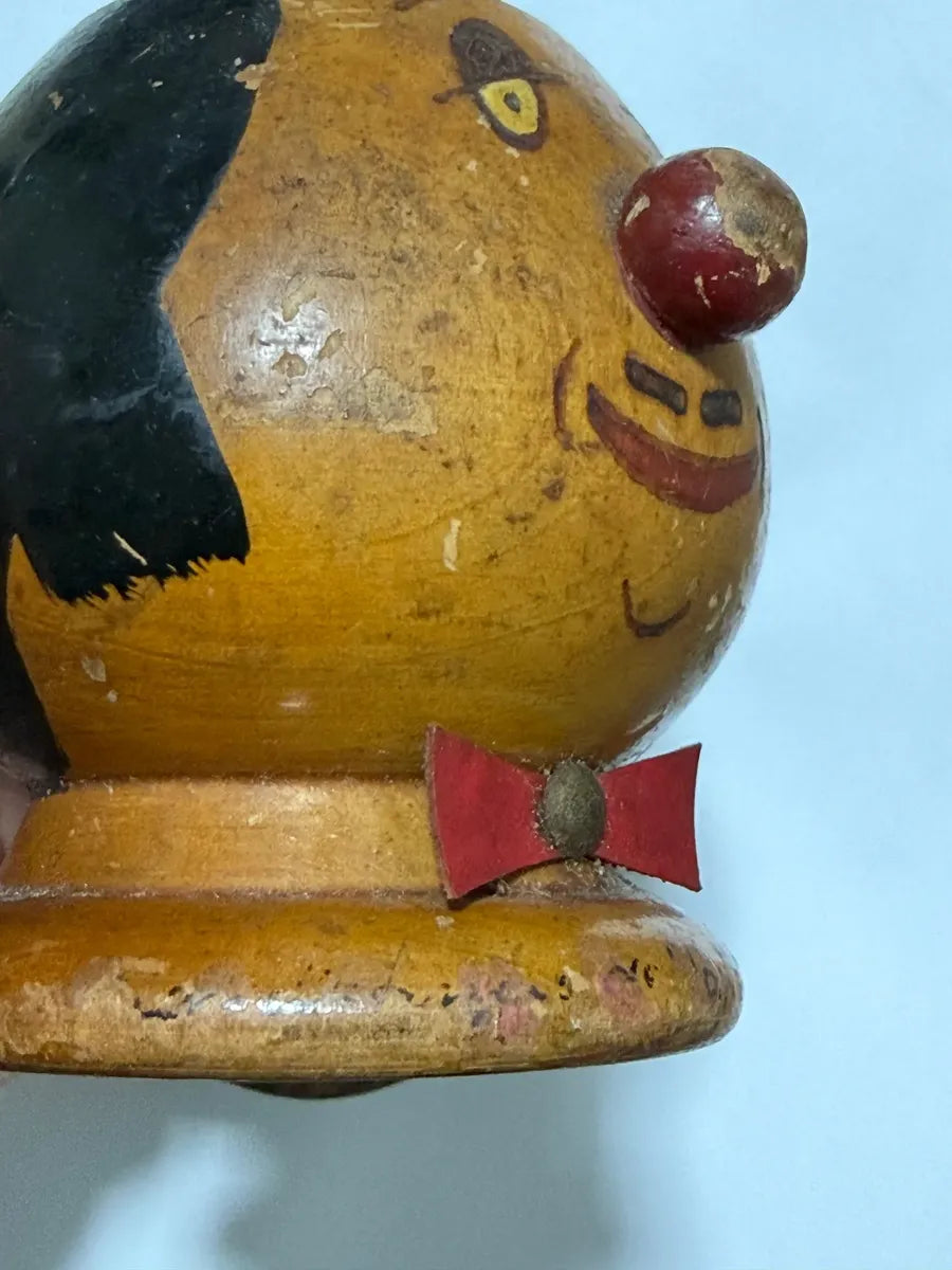 Pote Antigo De Madeira Palhaço Pintado À Mão Com Cartola