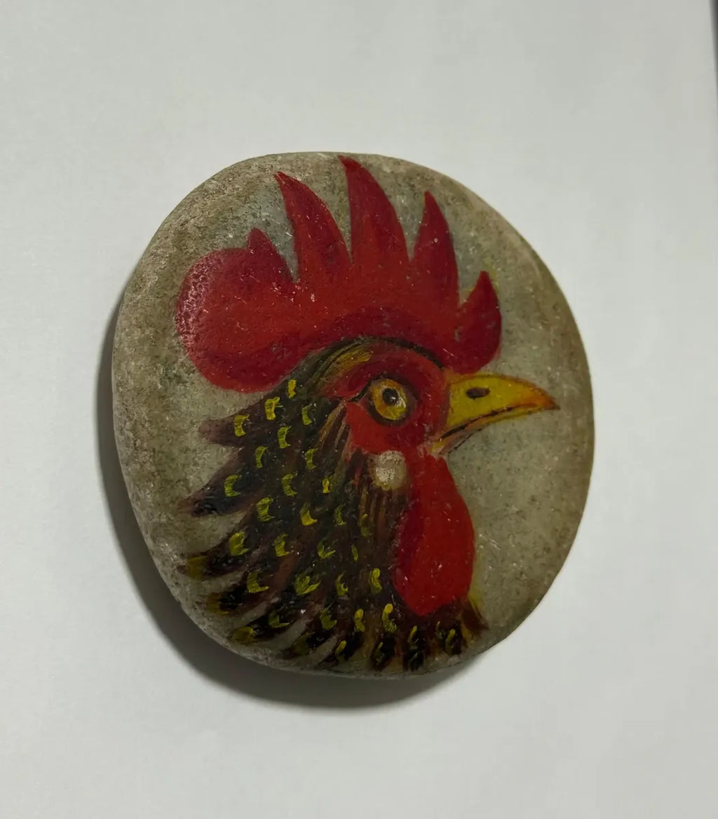 Pedra Seixo Pintada À Mão Galo Arte Artesanal 10cm