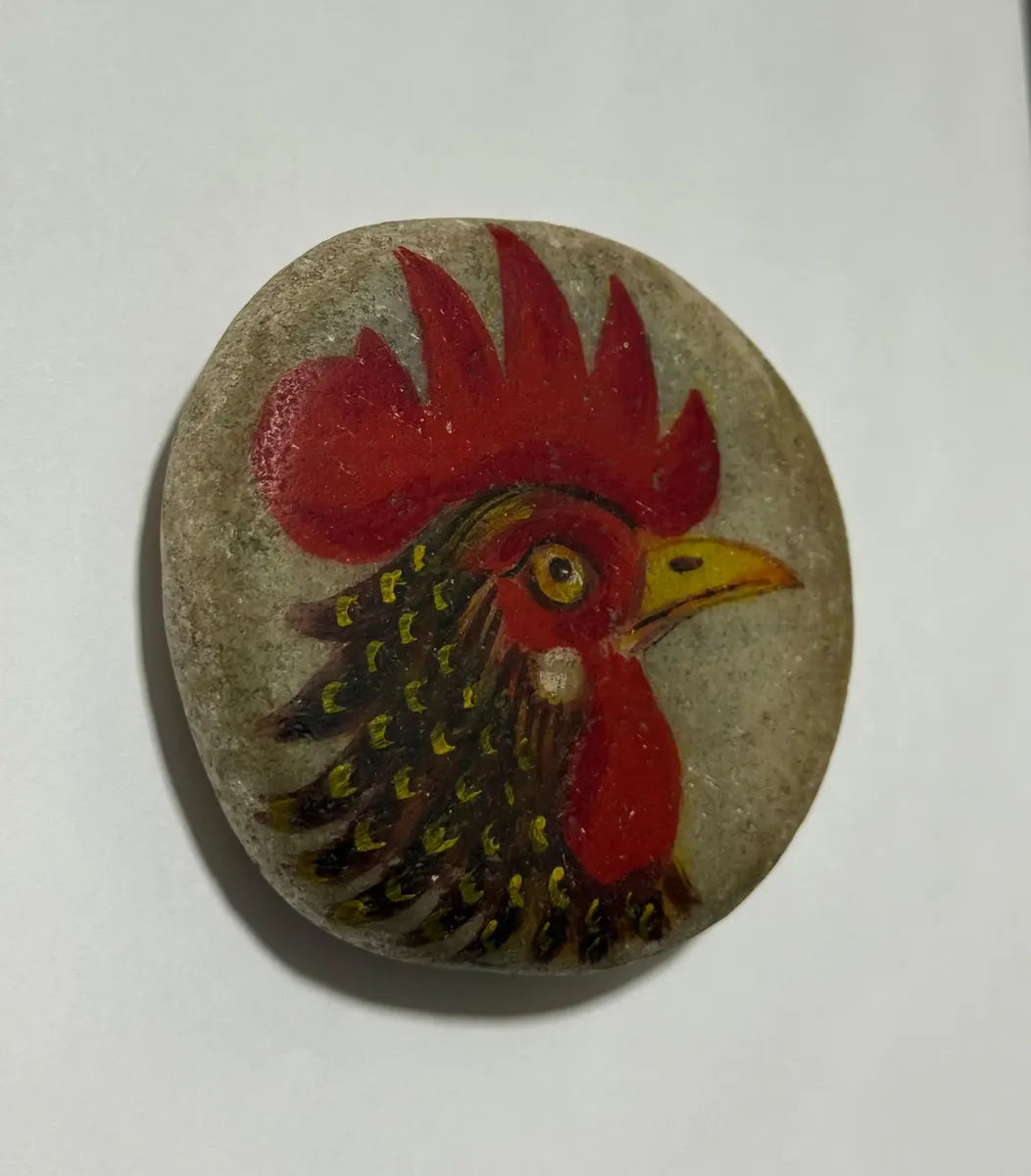 Pedra Seixo Pintada À Mão Galo Arte Artesanal 10cm