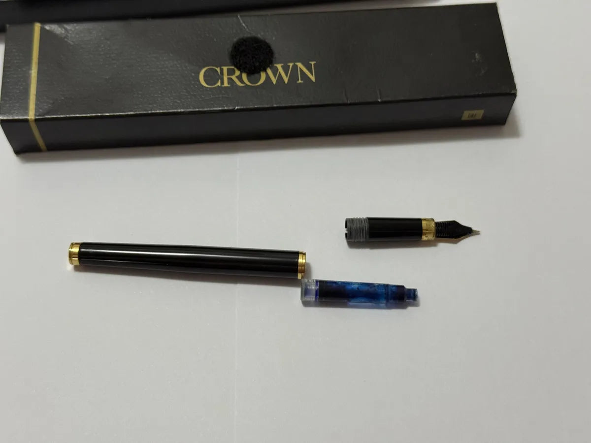 Caneta Antiga Tinteiro Crown Preta E Dourada Com Estojo