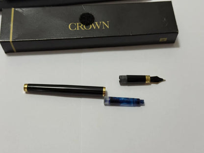 Caneta Antiga Tinteiro Crown Preta E Dourada Com Estojo