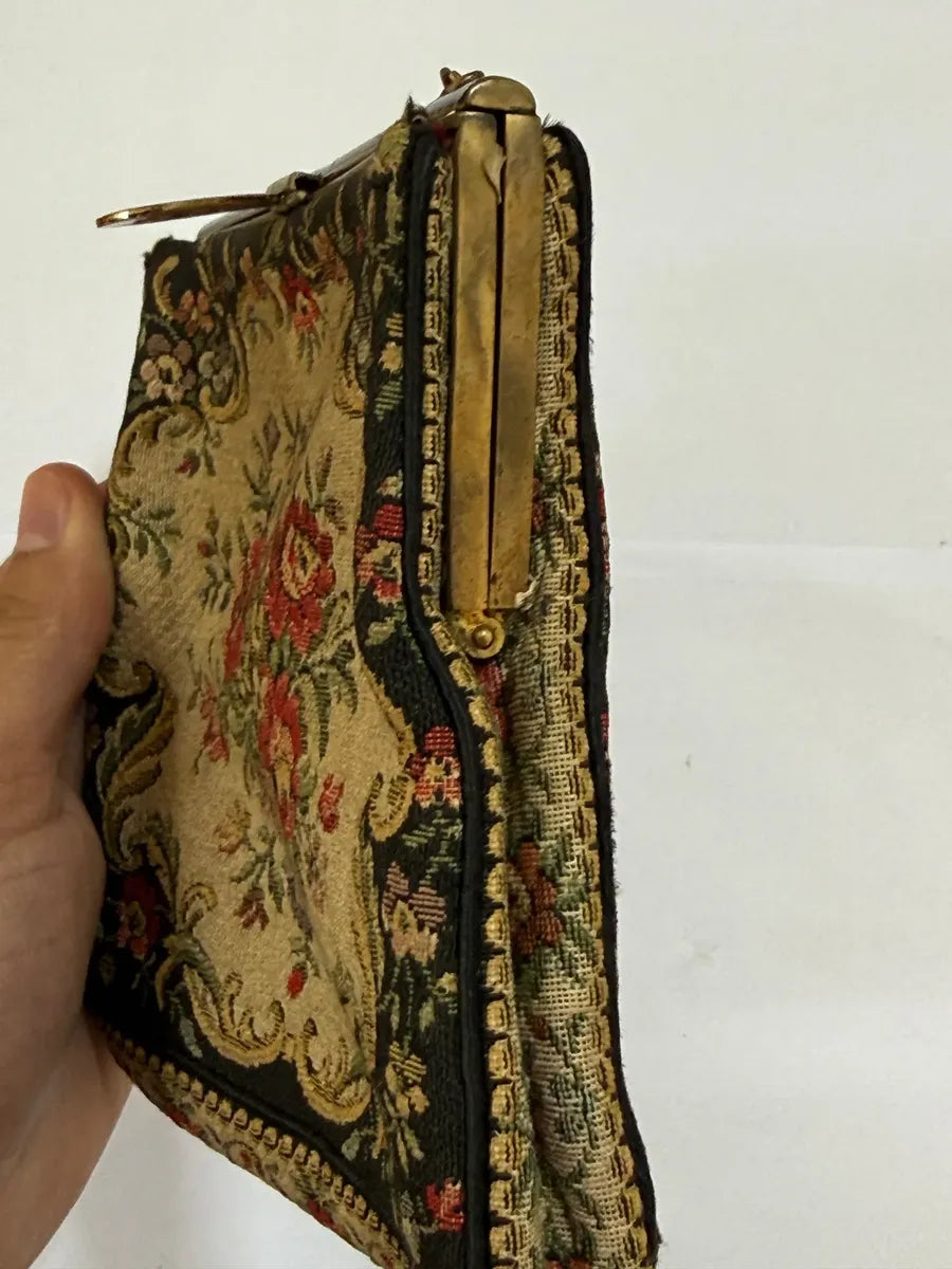 Bolsa De Festa Tapeçaria Floral Francesa 15x16cm Antiga