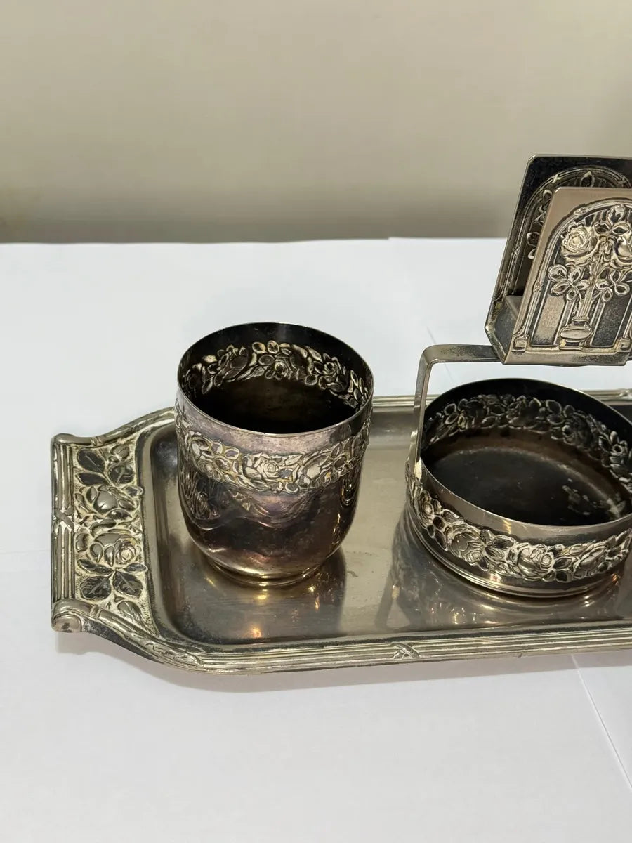 Conjunto Antigo Prata Wolff Bandeja + 3 Peças Floral