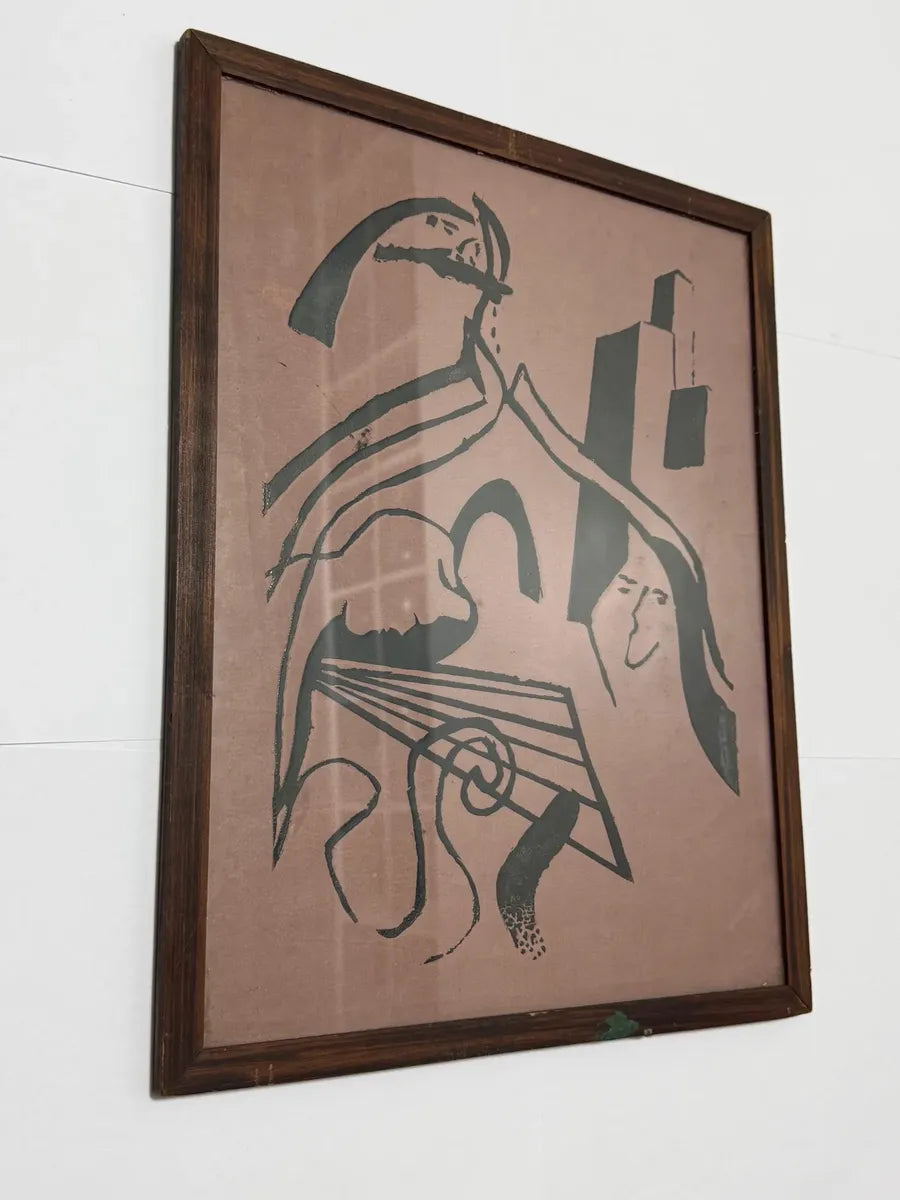 Quadro Antigo Arte Abstrata Com Figuras Estilizadas Déc 1960