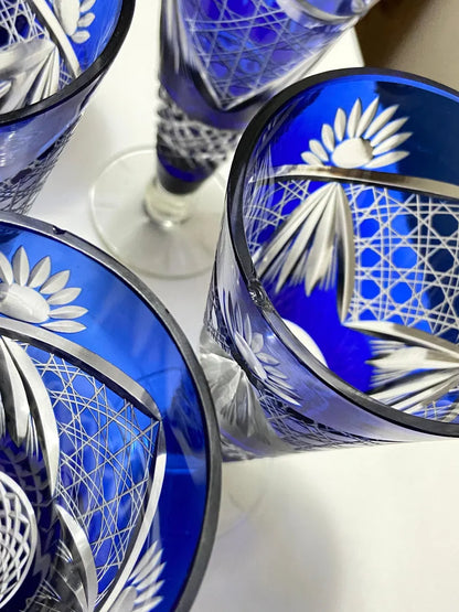 Conjunto Antigo Cristal Azul Lapidado Jarra + 5 Copos