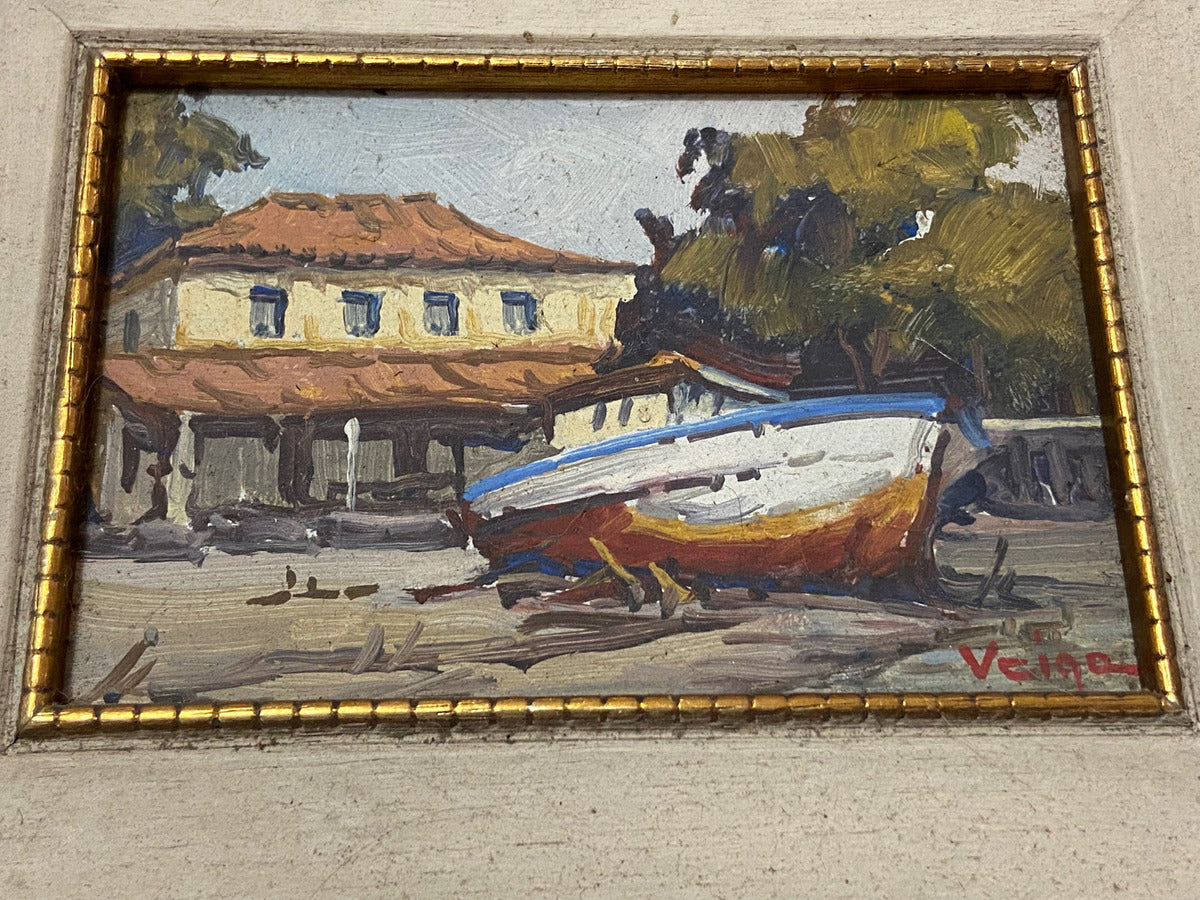 Quadro Antigo Pintura Walter Veiga - Barco E Casario - Ose