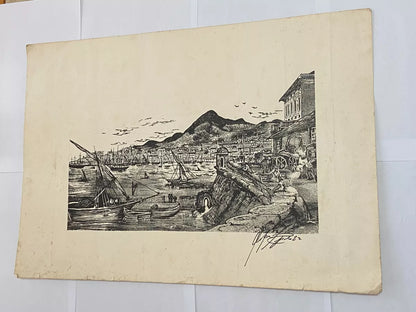 Gravura Antiga Barcos Porto Aos Pés Da Montanha Assinada