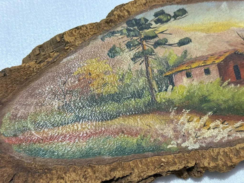 Pinturas Antigas Em Casca De Árvore Cenas Rurais Rústicas