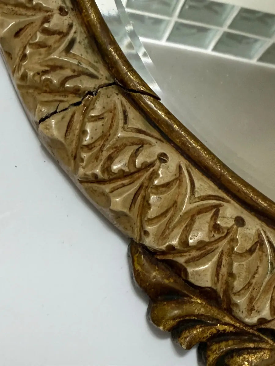 Espelho Antigo Rococó Madeira Entalhada Dourada Oval