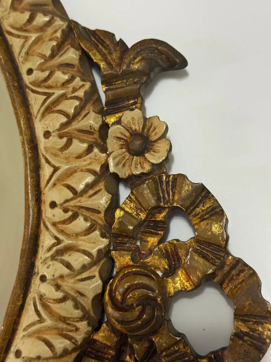 Espelho Antigo Rococó Madeira Entalhada Dourada Oval