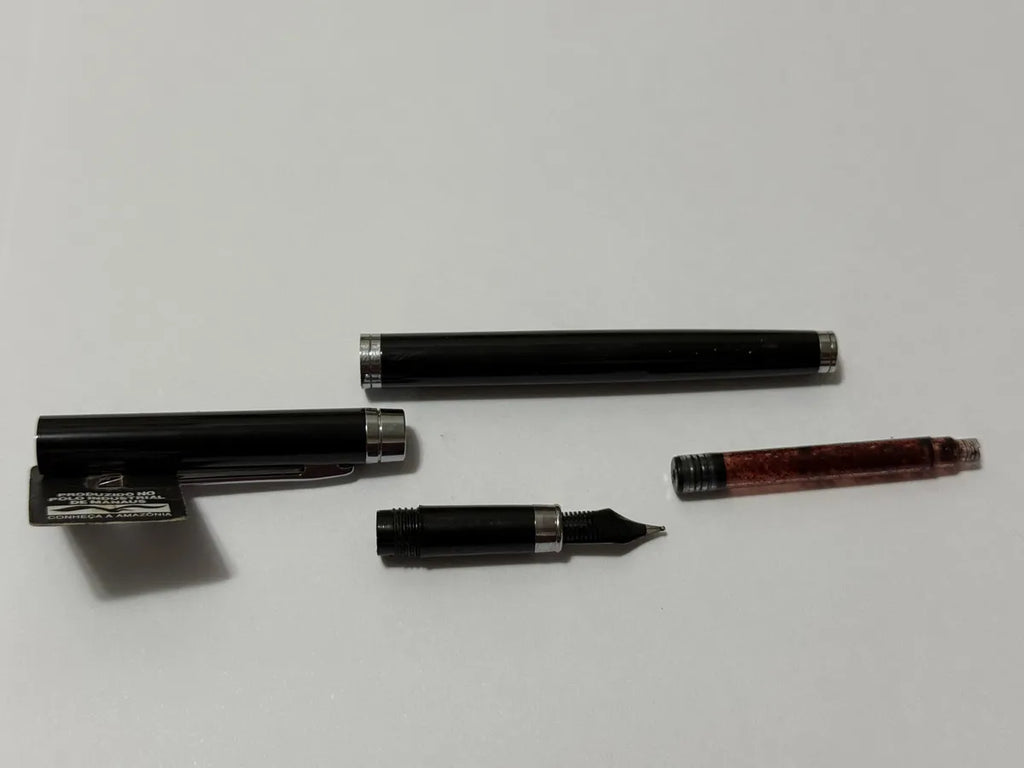 Caneta Antiga Tinteiro Crown Preta E Prata Com Estojo